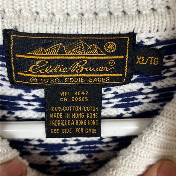 Vintage 1990 Eddie Bauer White and Blue Houndstooth Cotton Short Sleeve Sweater - Picture 5 of 10